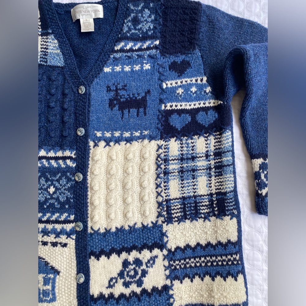 Vintage Jones New York SPORT Women Hand Knit Sweater Sz L Blue White 100% Wool - Picture 3 of 14